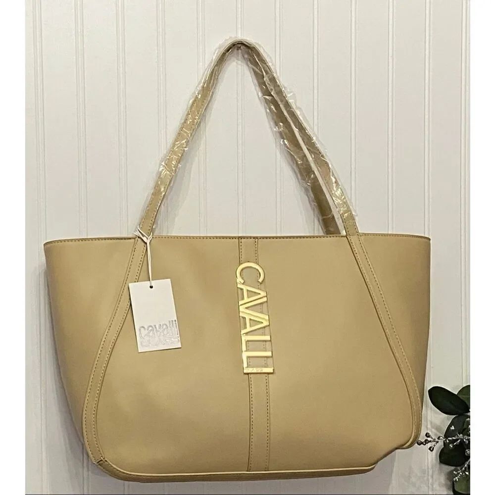 Cavalli Class Sandra Almond Buff Shopper Tote Bag Purse